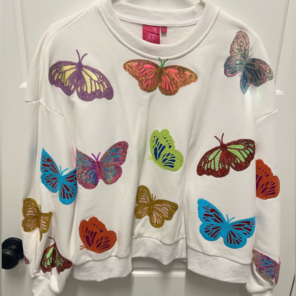 QOS White Butterfly Embroidered Sweatshirt - Multicolor Butterflies